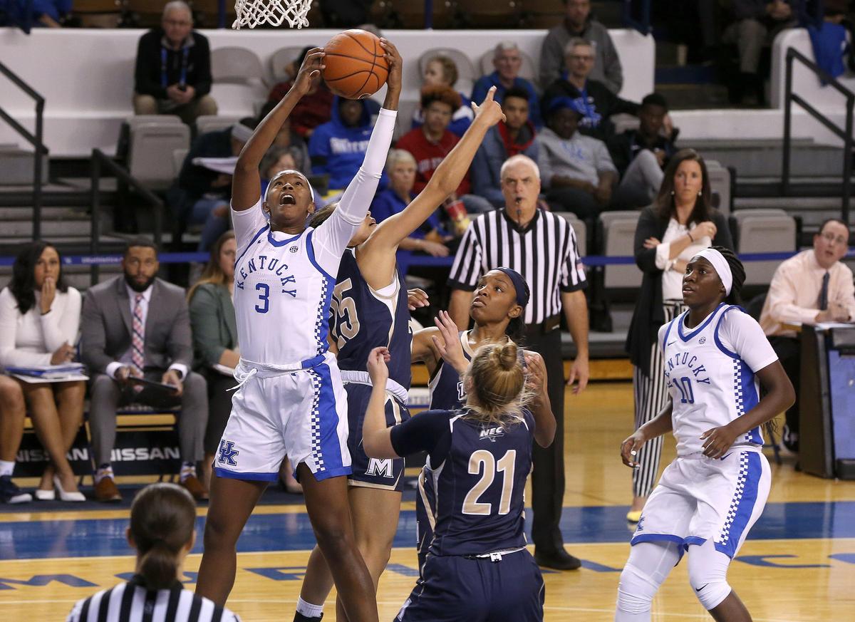 Kentucky’s KeKe McKinney grabbed an offensive rebound Tuesday in the Wildcats’ 67-44 win over Mount St. Mary’s at Memorial Coliseum.