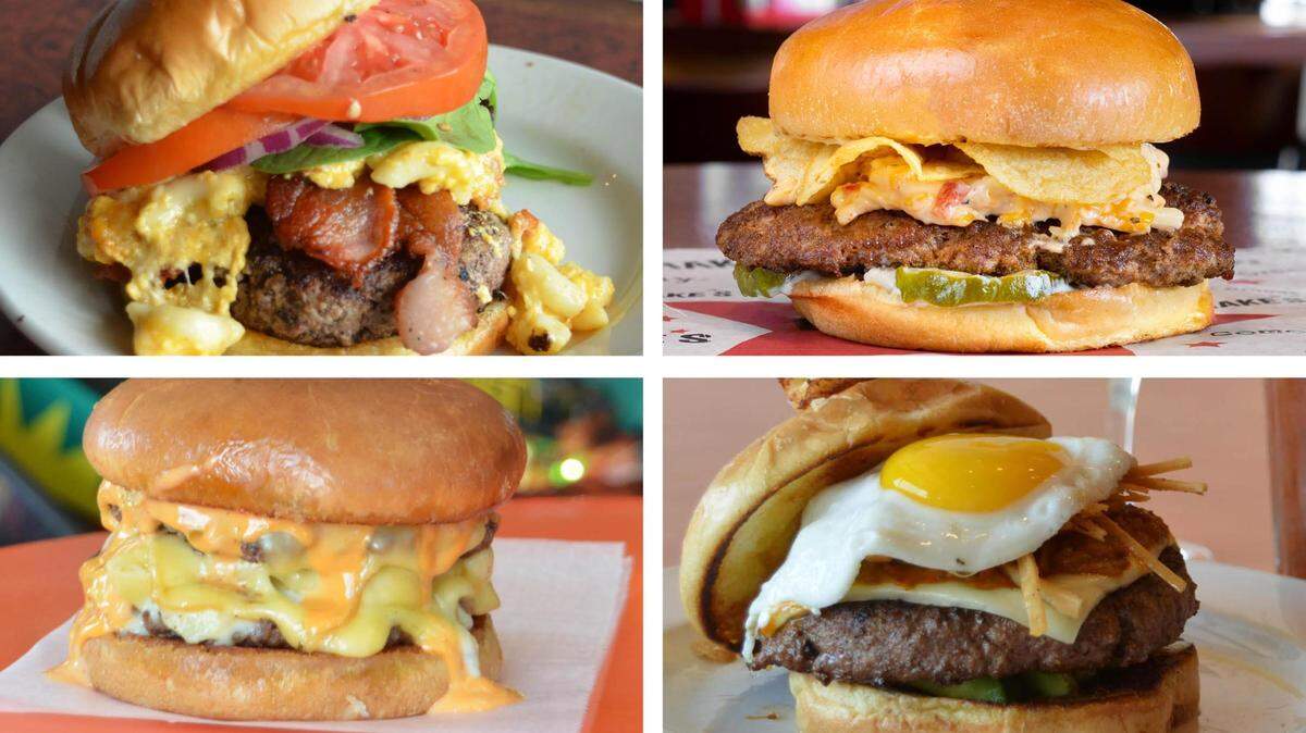 Clockwise from top: The Crabby Cheese Burger from Mimi’s Southern Style Cooking; The Southern Comfort Burger from Drake’s on Lansdowne; The Huevos Locos Burger from Wild Eggs, Palomar and The Return of the Mac Burger from Tilty Bob’s are just a few of the burgers on the menu during Lexington Burger Week, which is July 11-17.
