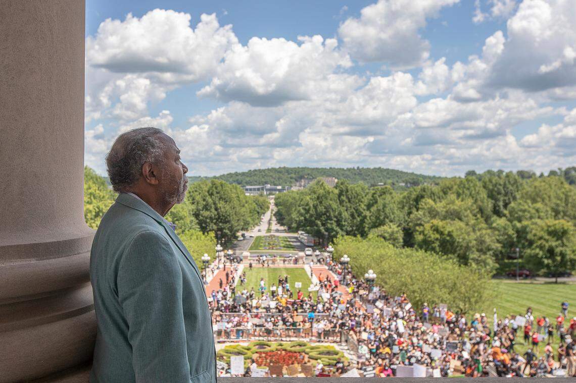Kentucky State Senator Gerald Neal, D-Louisville, watches as protesters gather at a rally demanding justice for Breonna Taylor outside the Kentucky state Capitol in Frankfort, Ky., on Thursday, June 25, 2020.