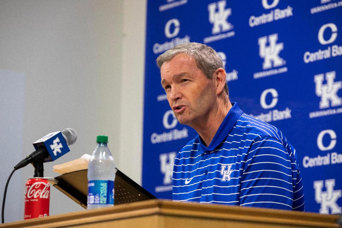 UK Athletics Director Mitch Barnhart speaks with reporters about alcohol sales starting at all athletic events this coming season during a press conference at Kroger Field in Lexington, Ky., Friday, June 16, 2023.