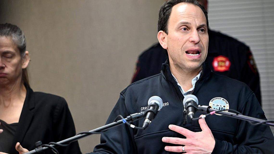 LOUISVILLE, KENTUCKY - NOVEMBER 04: Louisville Mayor Craig Greenberg speaks during a press conference at Louisville Muhammad Ali International Airport on November 04, 2025 in Louisville, Kentucky. Seven people were killed and a shelter-in-place order was instituted after a fully fueled UPS cargo plane crashed shortly after takeoff near the airport. (Photo by Stephen Cohen/Getty Images)