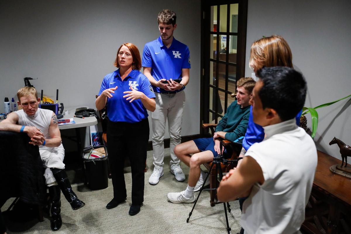 Assistant professor Dr. Kimberly I. Tumlin, PhD, MPH, MS speaks about a new concussion testing methods researchers with UK have been working on with jockeys at Keeneland, designed to be more comfortable and natural for jockeys at Keeneland in Lexington, Ky., Friday, October 28, 2022.