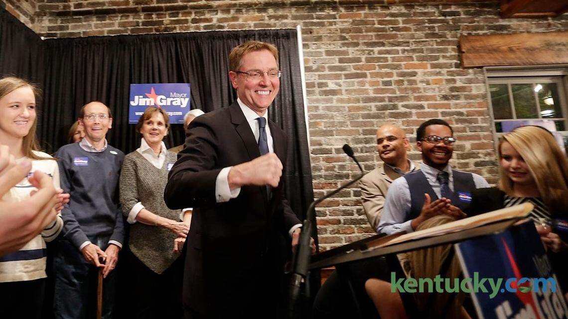 After Anthany Beatty conceded the race,  Mayor Jim Gray began a speech at his election night party at Belle's Cocktail House in Lexington, Ky., on Nov. 4, 2014. The incumbent mayor of Lexington was re-elected to his second term. Photo by Pablo Alcala | Staff