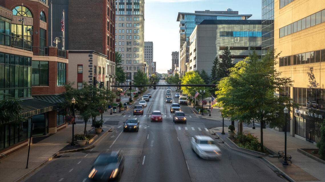 Vehicles drive along West Main Street in downtown Lexington, Ky., in this July 24, 2020, file photo. The city was recently named one of the best places to live in the U.S.