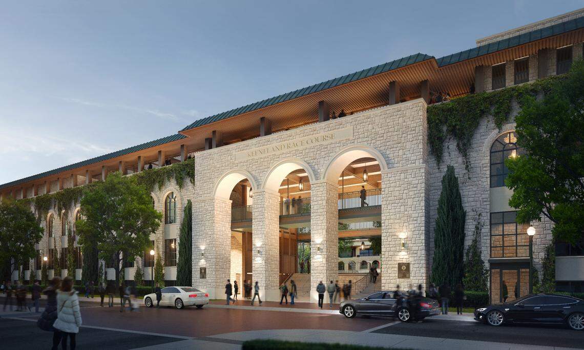 A rendering of Keeneland’s new Paddock Building entrance, as it will appear, following a significant construction project at the Lexington track that also calls for new dining, seating and venue area options for patrons.