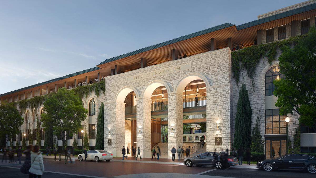 A rendering of the paddock building entrance as it will appear after the $93 million renovation at Keeneland that will add a new dining, seating and venue area wrapping around the paddock and saddling stalls.