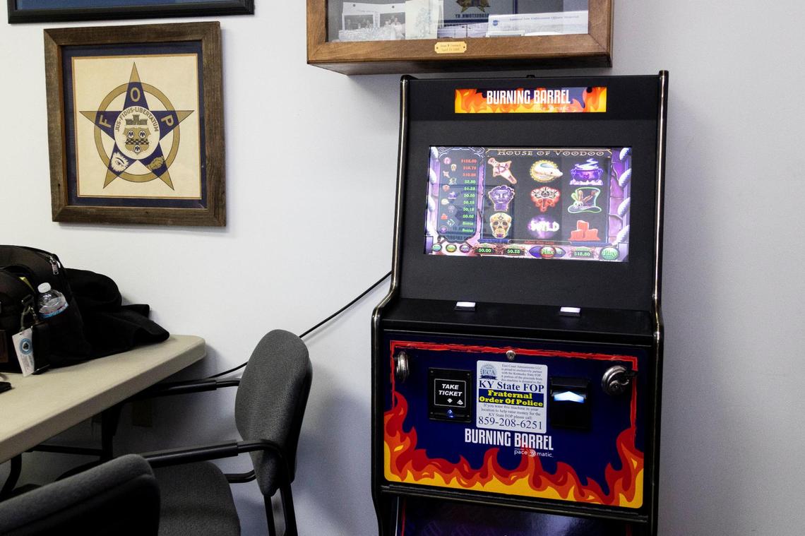 A Fraternal Order of Police sticker is seen on a Burning Barrel game machine by Pace-O-Matic set up at FOP post 59 in Georgetown Jan. 20. All Burning Barrel machines set up in Kentucky donate five percent of the proceeds to the FOP.