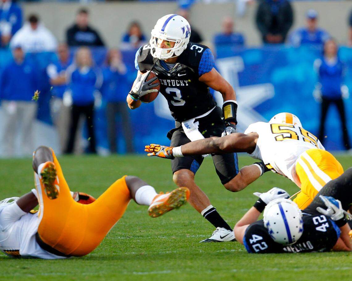 A wide receiver forced by injuries to start at quarterback, Kentucky’s Matt Roark (3) ran for 124 yards and directed the Wildcats to one of the sweetest victories in school history — UK’s 10-7 victory over Tennessee in 2011 that snapped a 26-game losing streak against the Volunteers.