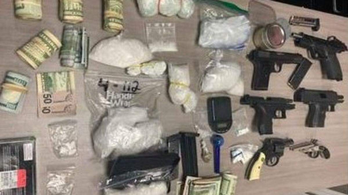 The Laurel County Sheriff’s Office said they seized more than two pounds of methamphetamine, marijuana, a large amount of money and six guns, one of which had been reported stolen, during a traffic stop Tuesday morning.