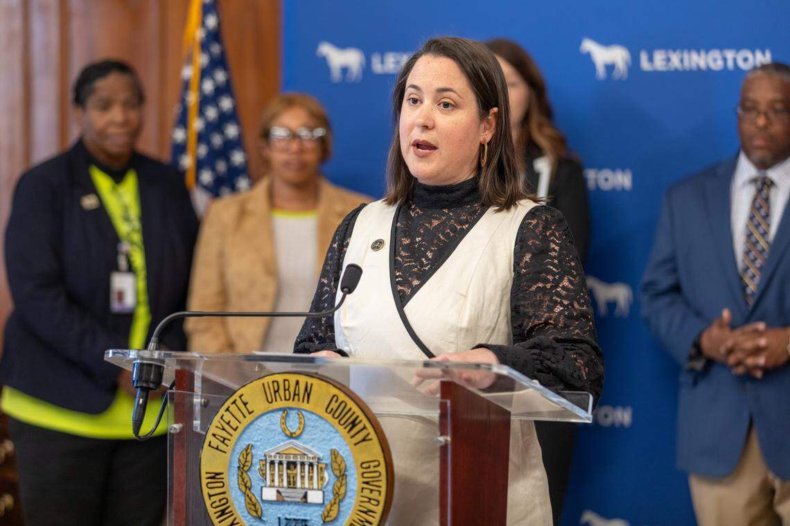 Council member Liz Sheehan speaks during a press conference announcing the Engagement Lexington website April 22, 2024.