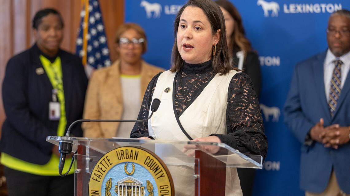 Councilmember Liz Sheehan speaks during a press conference announcing the Engagement Lexington website April 22, 2024.