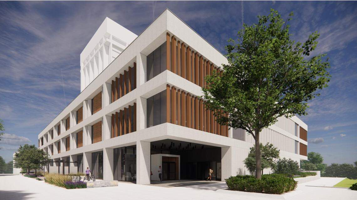 Renderings of what the renovated exterior of White Hall at the University of Kentucky will look like. Construction begins this summer and is expected to be completed by fall 2026.