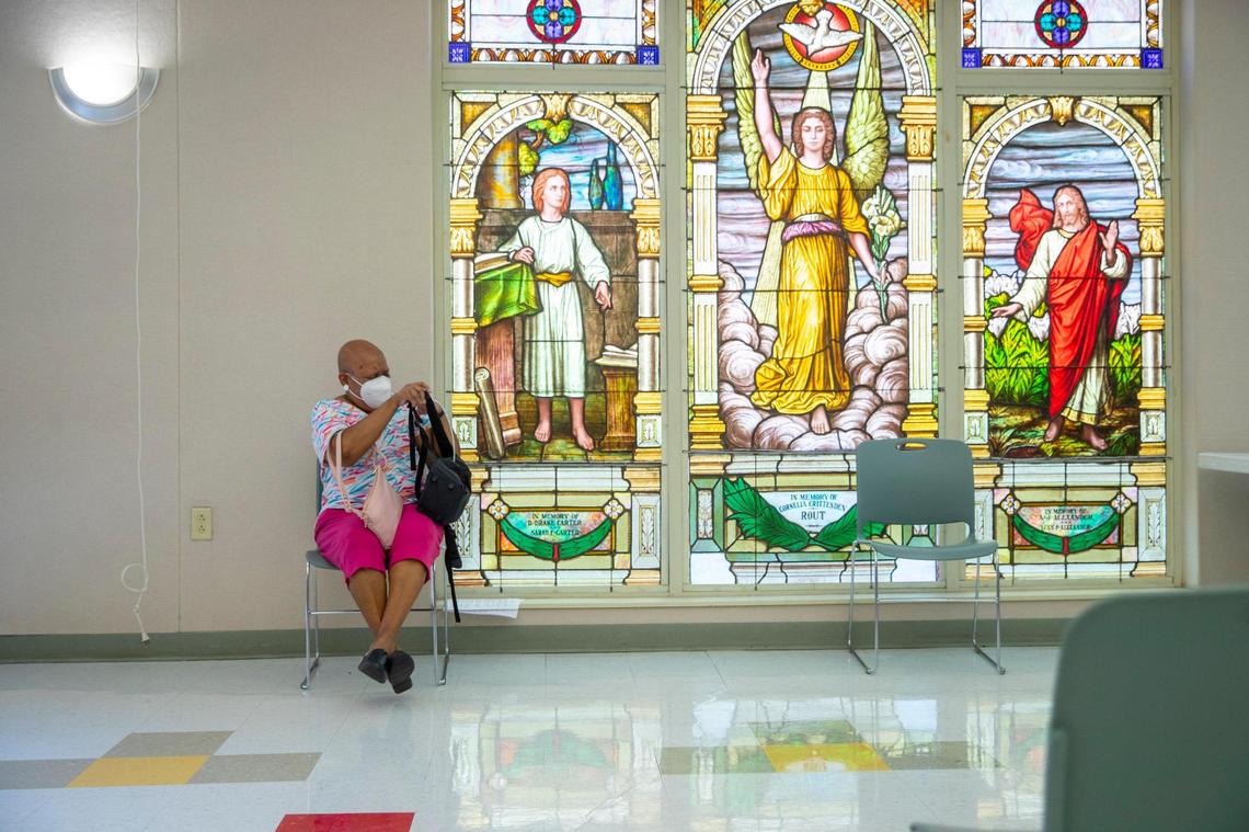 Verna Mason of Midway waits to receive a booster shot of the COVID-19 vaccine at a vaccination clinic at Versailles Presbyterian Church in Woodford County on Wednesday, Sept. 1, 2021. Woodford County has the highest vaccination rate in the state.