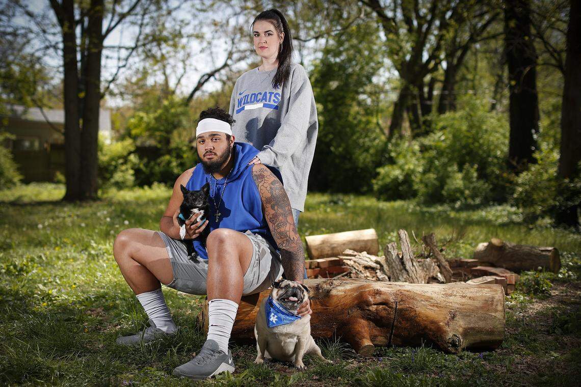 Darian Kinnard and his mother, Mandy Headrick, are social-distancing at home with their dogs Chowder and Truffles.
