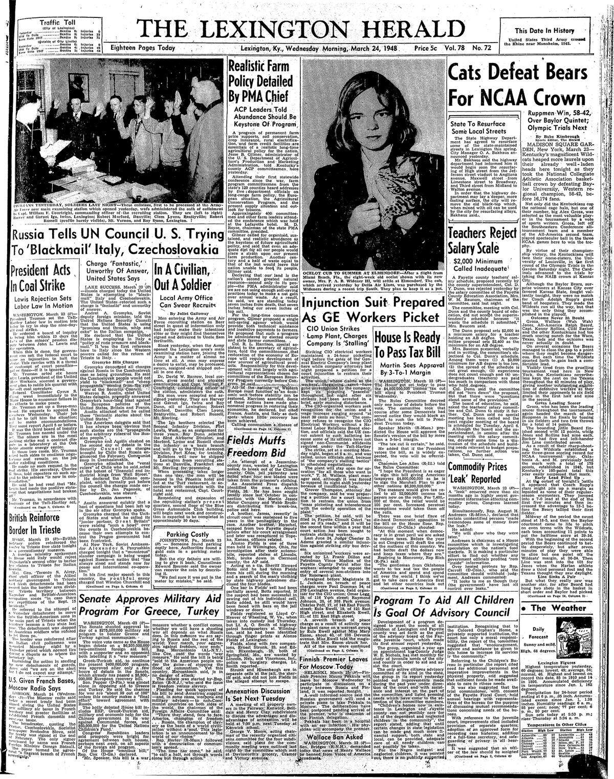 The Lexington Herald’s front page on March 24, 1948.