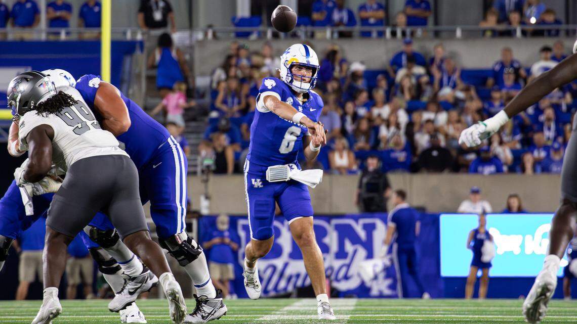 In Kentucky’s 56-34 loss to then-No. 17 Tennessee last week, UK redshirt freshman quarterback Cutter Boley (8) threw for 330 yards and five touchdowns. It was the 18th game in the Mark Stoops coaching era when a Wildcats QB threw for 300 yards or more.