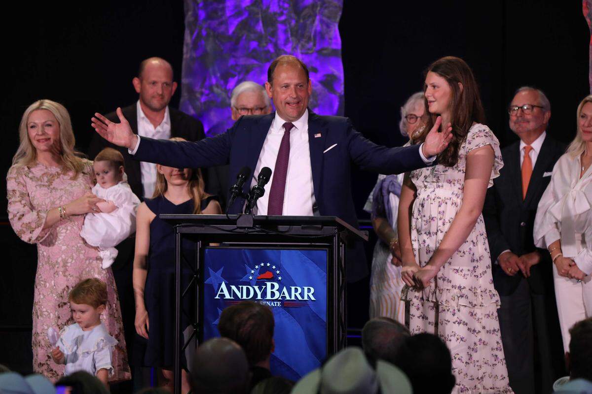 Rep. Andy Barr speaks at his election night party after winning the Republican nomination for U.S. Senate on Tuesday, May 19, 2026. Barr will face a Democratic contender for Sen. Mitch McConnell’s seat.