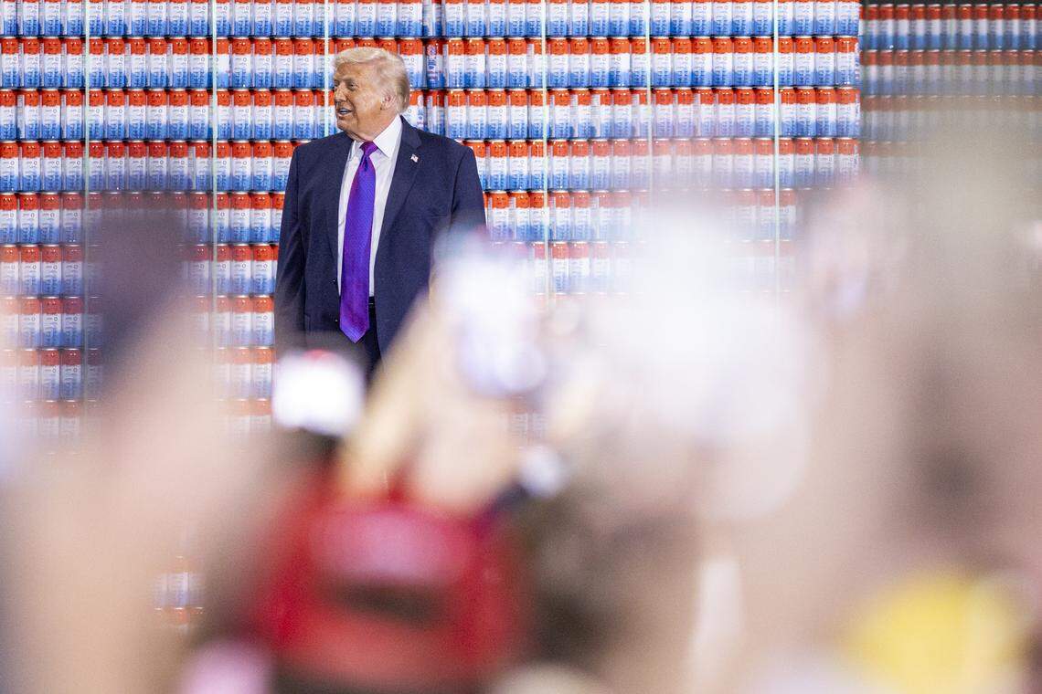 President Donald Trump walks on stage during his visit to Verst Logistics in Hebron, Kentucky, on Wednesday, March 11, 2026.