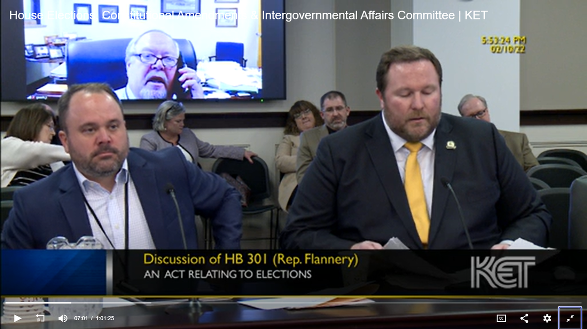 Bryan Sunderland, a lobbyist and former staffer in former governor Matt Bevin’s administration, presents House Bill 301 with Rep. Patrick Flannery, R-Olive Hill.