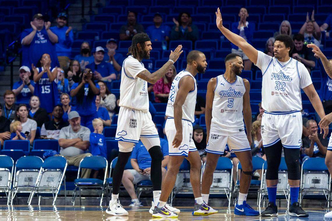 Willie Cauley-Stein, left, will be back with the La Familia team at the TBT in 2025 after player last summer alongside Daniel Orton, right, the Harrison twins and other former UK players.