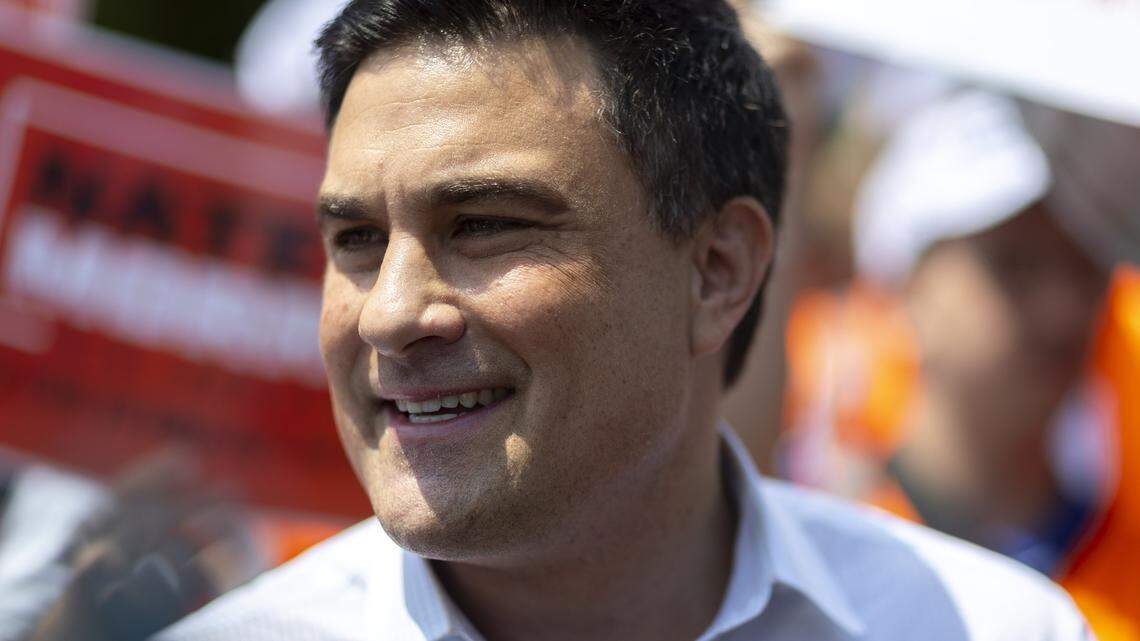 Nate Morris, a candidate for U.S. Senate, speaks to members of the media after arriving at the 145th Annual St. Jerome Fancy Farm Picnic in Fancy Farm, Ky., on Saturday, Aug. 2, 2025.