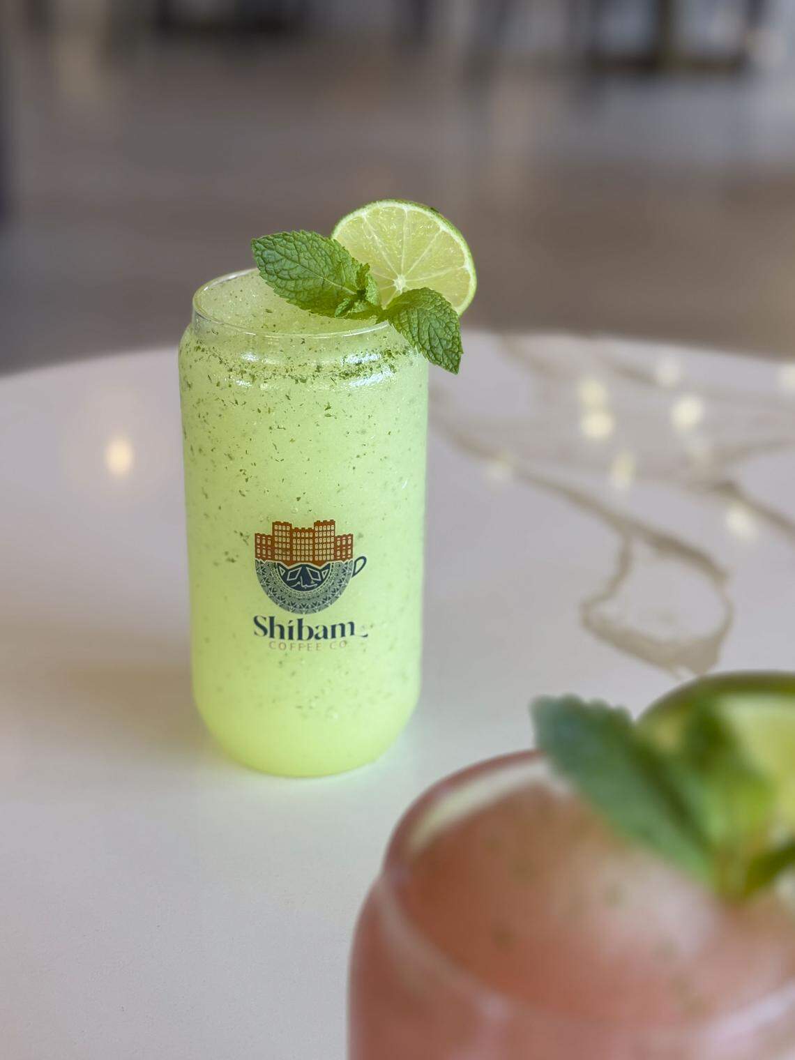 Shibam Coffee’s Shibam Mint Mist is made with lime and fresh mint. Shibam Coffee has a menu of several Refreshers including a Mojito and Dragon Fruit.