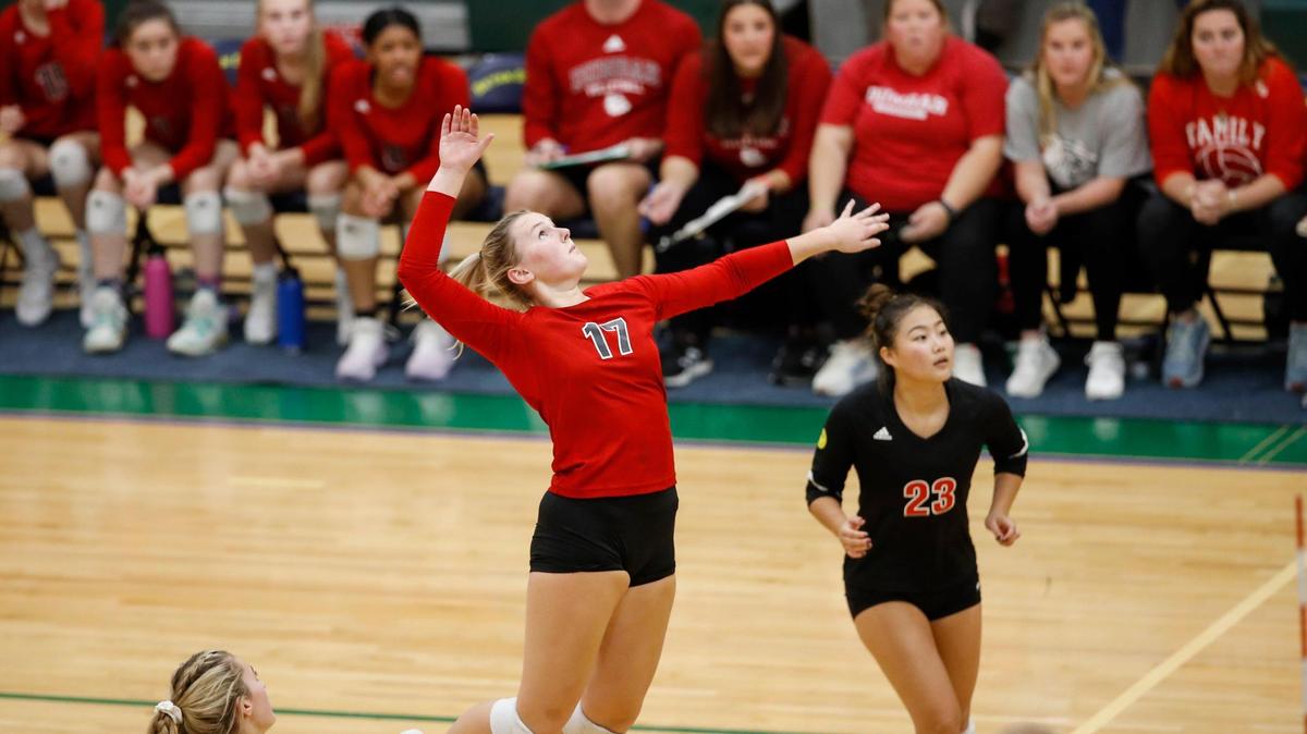 Dunbar’s Delaney Gash (17) spikes the ball against Great Crossing during the 11th Region Tournament last week. The Bulldogs have advanced to the state quarterfinals to be played later this week.