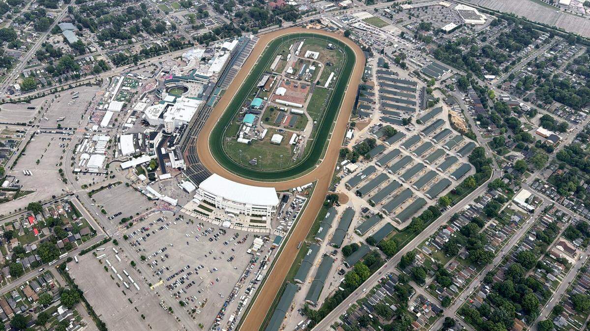 Aerial view of Churchill Downs from the Goodyear Blimp, making its guest appearance during Kentucky Derby week, on May 1, 2026, in Louisville, Ky.