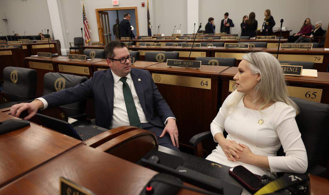 House Majority Floor Leader Steven Rudy, R-Paducah, confers with Rep. Savannah Maddox, R-Dry Ridge, before the start of House proceedings on March 3, 2026.