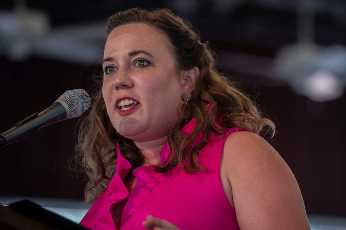 Sierra Enlow, Democratic candidate for agriculture commissioner, speaks during the Fancy Farm picnic in Fancy Farm, Ky., on Saturday, Aug. 5, 2023.