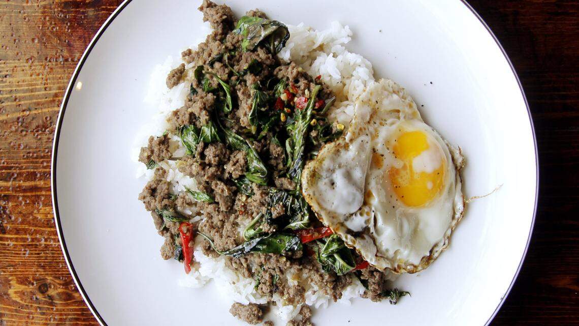 For its stir-fried beef, Nat's tops rice with Wagyu Kobe beef, basil, red chilies and an egg.   