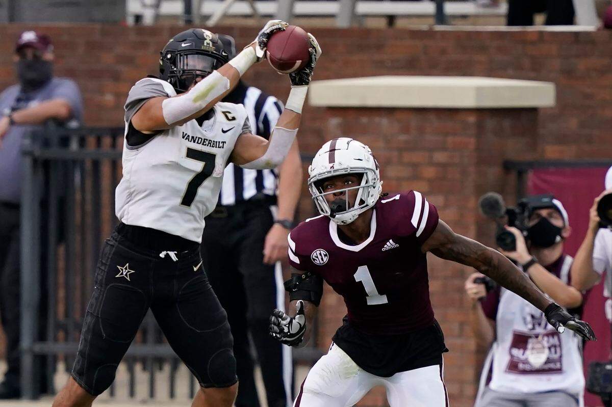 Vanderbilt wide receiver Cam Johnson (7) has 33 receptions for 338 yards and a touchdown.