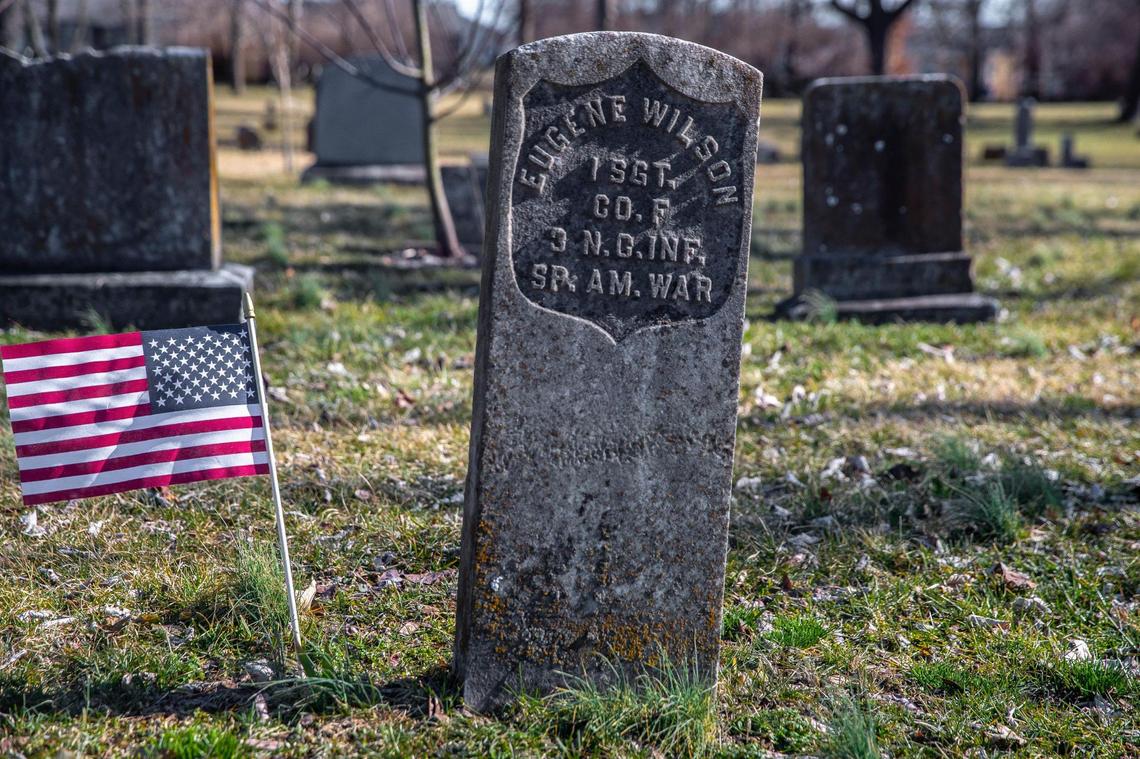 A headstone for Eugene Wilson, a veteran, stands at African Cemetery No. 2 in Lexington, Ky., on Sunday, Feb. 20, 2022.