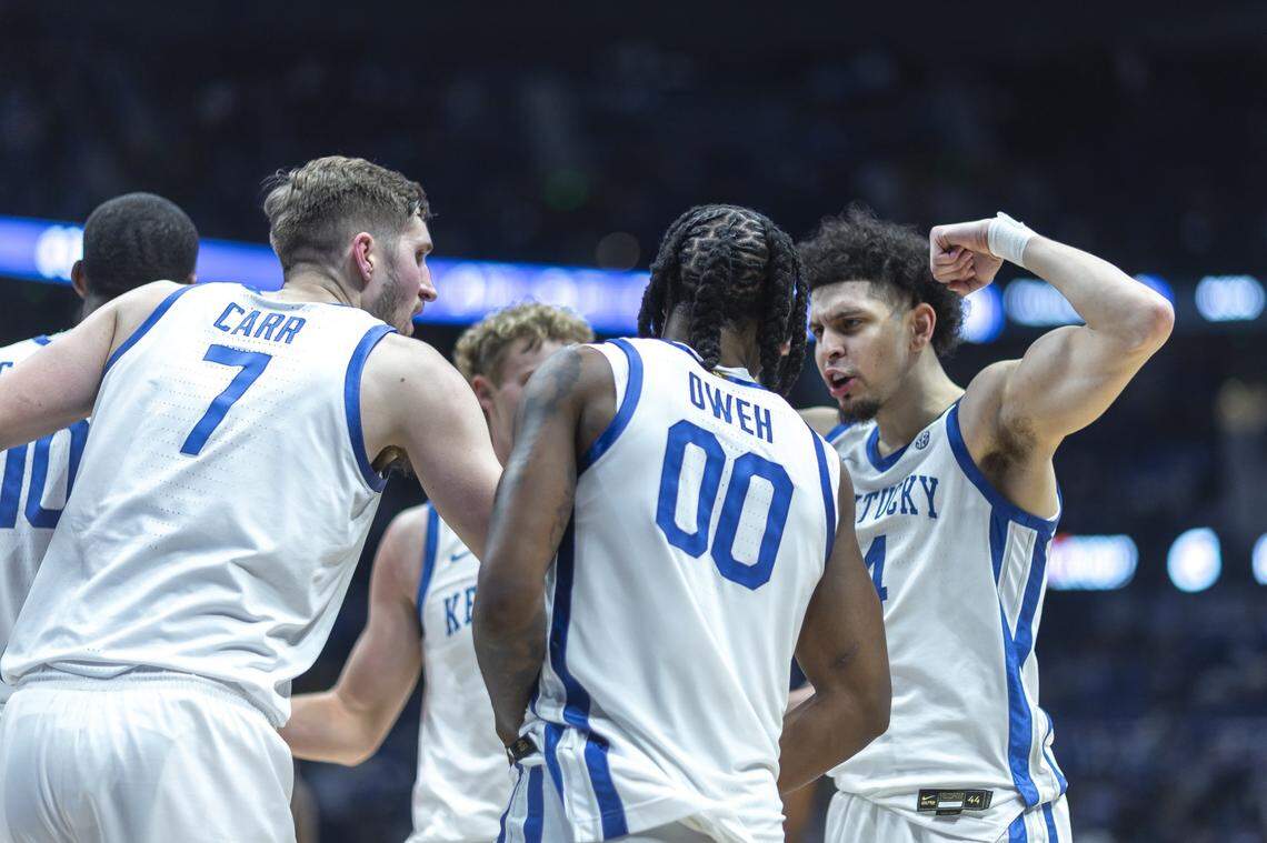 Kentucky guard Koby Brea (4) reacts during a game against the Oklahoma Sooners at Bridgestone Arena in Nashville, Tenn., on Thursday, March 13, 2025.
