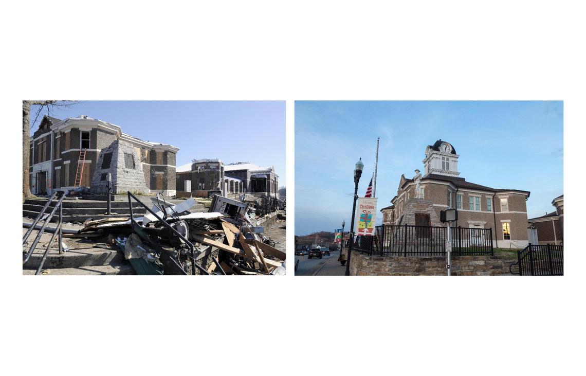 (Left) The century-old Morgan County Courthouse, left, in West Liberty was heavily damaged by the tornado in 2012. (Right) The Morgan County Courthouse in West Liberty, Ky., Wednesday, December 15, 2021.