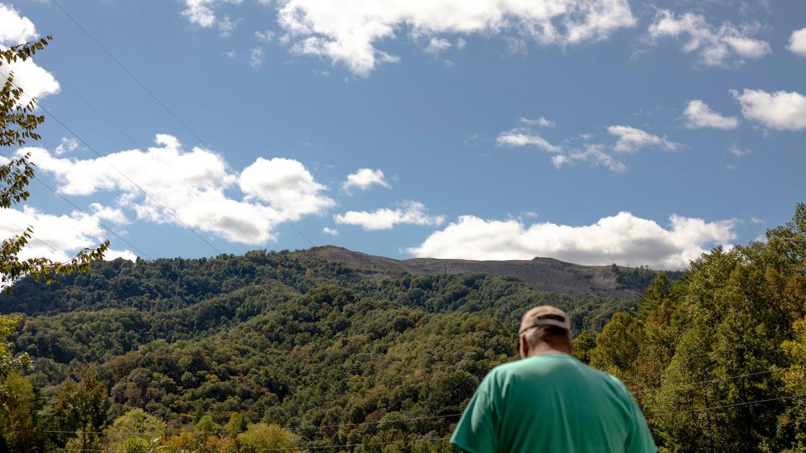 A Blackjewel strip mine can be seen across from Elvis Sowders’ property in Wallins Creek, Harlan County, Ky., Friday, October 2, 2020. He believes the foundations of his house and sheds have been damaged due to sonic waves from the blasting at the mine that traveled up the holler. Sowders said many of his neighbors have cracks and damaged property as well, but the mine company has denied the damage was caused by the blasting.