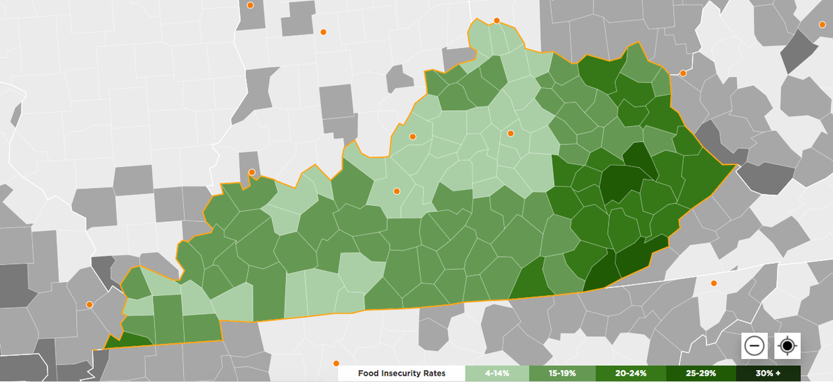 Six counties in Kentucky were listed as the most food insecure in the nation according to a Feeding America analysis released Tuesday. The national hunger relief organization said the pandemic will result in a 35% increase of food insecurity rate in Kentucky.