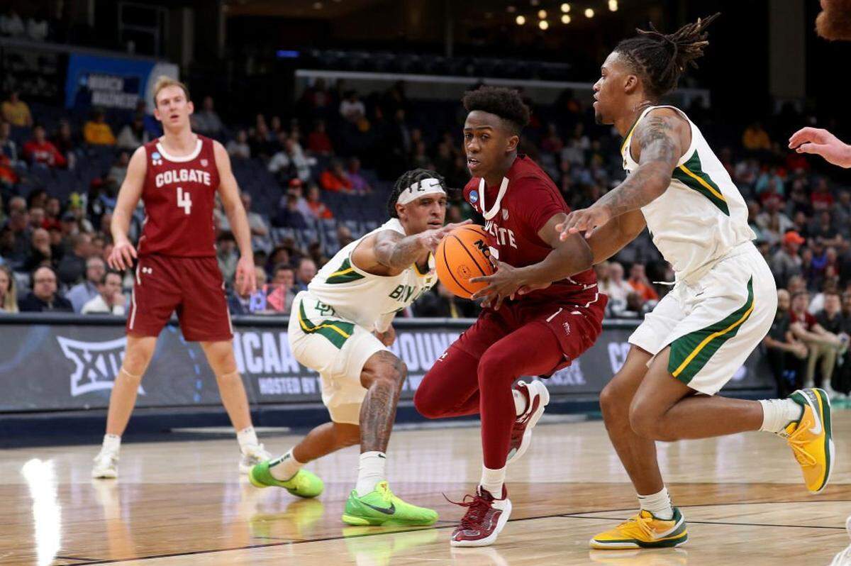 MEMPHIS, TENNESSEE - MARCH 22: Jalen Cox #3 of the Colgate Raiders drives to the basket in the first round of the NCAA Men's Basketball Tournament against the Baylor Bears at FedExForum on March 22, 2024 in Memphis, Tennessee. (Photo by Justin Ford/Getty Images)