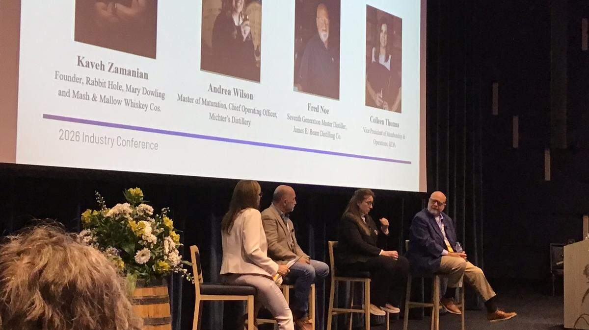Colleen Thomas of the Kentucky Distillers’ Association, left, led a panel of bourbon experts including Kaveh Zamanian, founder of Rabbit Hole, Mary Dowling and Mash & Mallow Whiskey Cos.; Andrea Wilson, master of maturation and chief operating officer of Michter’s Distillery; and Fred Noe, master distiller at James B. Beam Distilling Co., at the James B. Beam Institute annual conference at the University of Kentucky on March 16, 2026.
