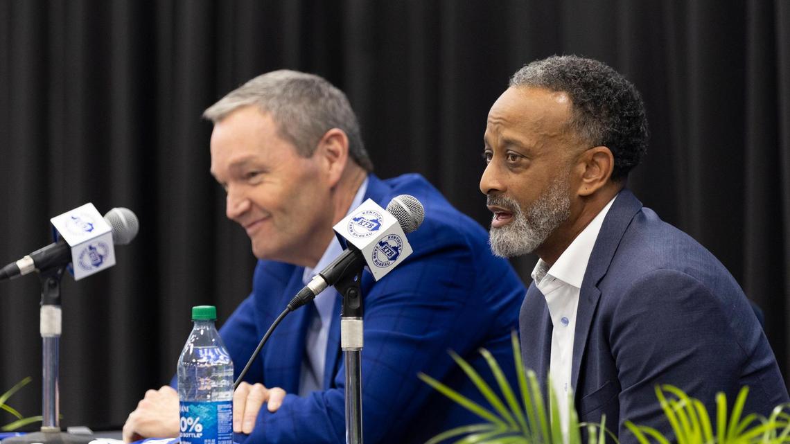 Kenny Brooks, right, said he had no intention of leaving Virginia Tech — until he heard what Kentucky had to offer. “I’m going to come in here and we’re going to work,” the new head coach said Thursday.