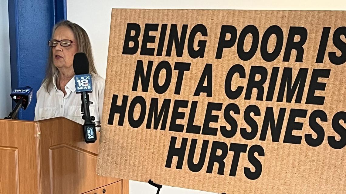 Ginny Ramsey of the Catholic Action Center at the 2024 press conference on her group’s homeless count in Lexington