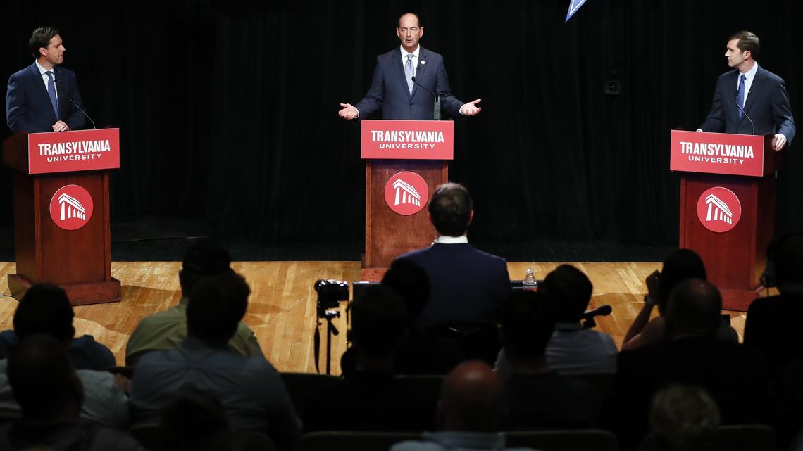 Kentucky Democratic gubernatorial candidates Adam Edelen, left, Rocky Adkins and Andy Beshear respond to questions during a debate at Transylvania University in Lexington, Ky., Wednesday, April 24, 2019.