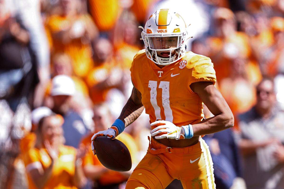 Tennessee’s Jalin Hyatt (11) is one of the most productive wide receivers in the nation this season, having caught 40 passes for 769 yards and 12 touchdowns through seven games.