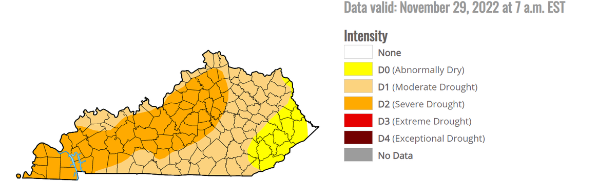 This map of Kentucky from the U.S. Drought Monitor shows dry and drought status across the Bluegrass State as of the Nov. 29.