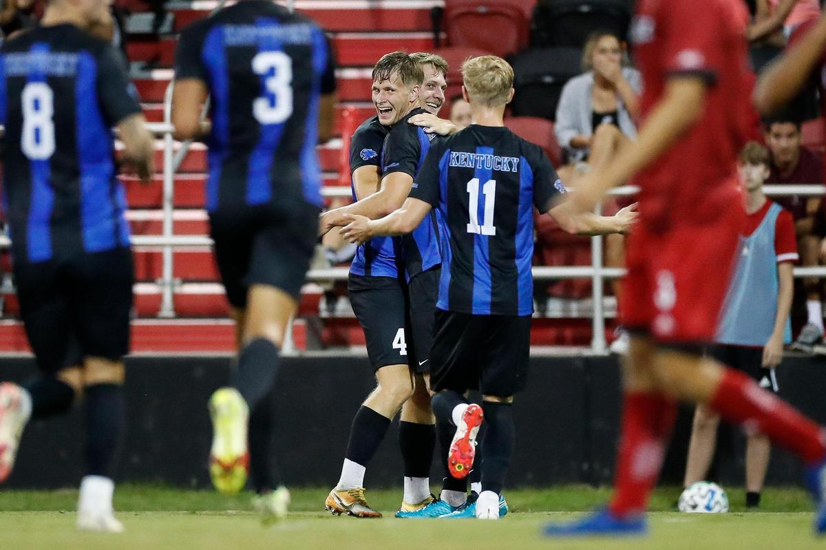 Kentucky celebrates a goal during its 3-1 win at Louisville on Tuesday night, the Wildcats’ first road win against the Cardinals since 2012.