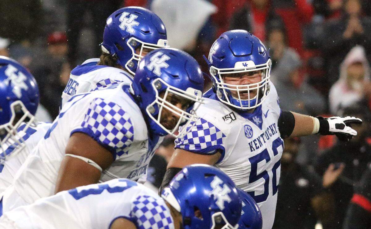 UK center Drake Jackson (52) and the remainder of the Kentucky offensive line were named to the midseason honor roll of the Joe Moore Award this week.