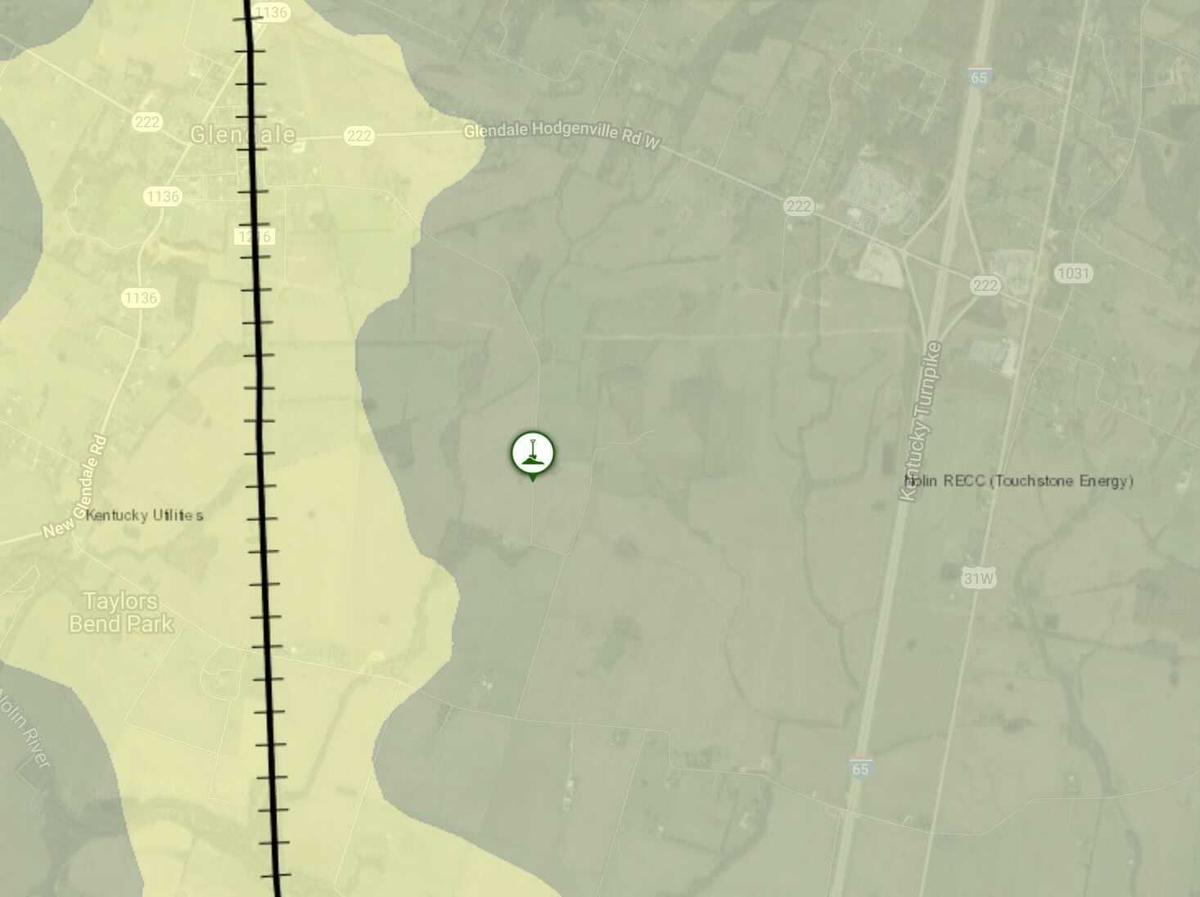 A map detailing the current electric service territory for the Glendale site; current Kentucky Utilities territory is marked in yellow while the rest is Nolin RECC territory.