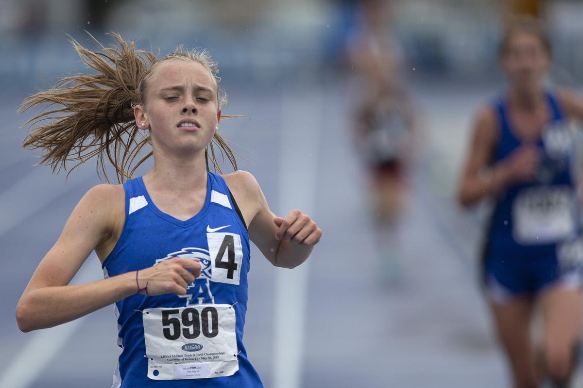 Anna Rupp wins the 3,200-meter run for Lexington Christian Academy at the 2019 KHSAA Track and Field State Championships at the University of Kentucky. Rupp is the great-granddaughter of Adolph Rupp, the former UK men’s basketball coach and namesake of Rupp Arena.