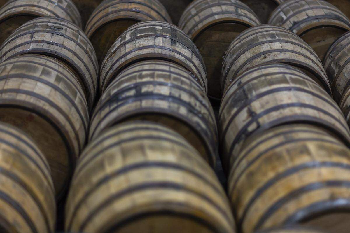 Whiskey barrels are photographed at Green River Distillery in Owensboro, Ky., on Wednesday, Sept. 24, 2025.