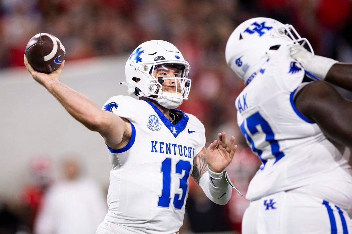 Kentucky quarterback Devin Leary (13) passes the ball against Georgia during Saturday’s game at Sanford Stadium in Athens, Ga.